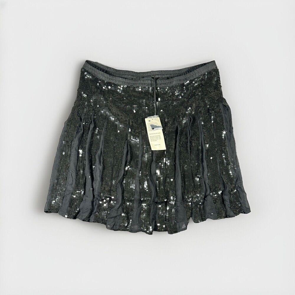 Stenay VTG Sequin Pleated Skirt Large Black 100% Silk Mini 80 Old Money Glam NWT
